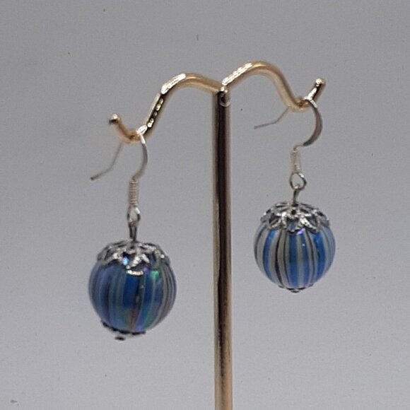 Pierced Earrings Blue Striped Art Glass Bead Dangle Silver Cap Fishhook - Picture 2 of 5